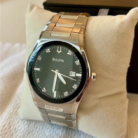 Bulova Silver Timepiece with Black Face and Swarovski Crystal detail. - Picture 3 of 8